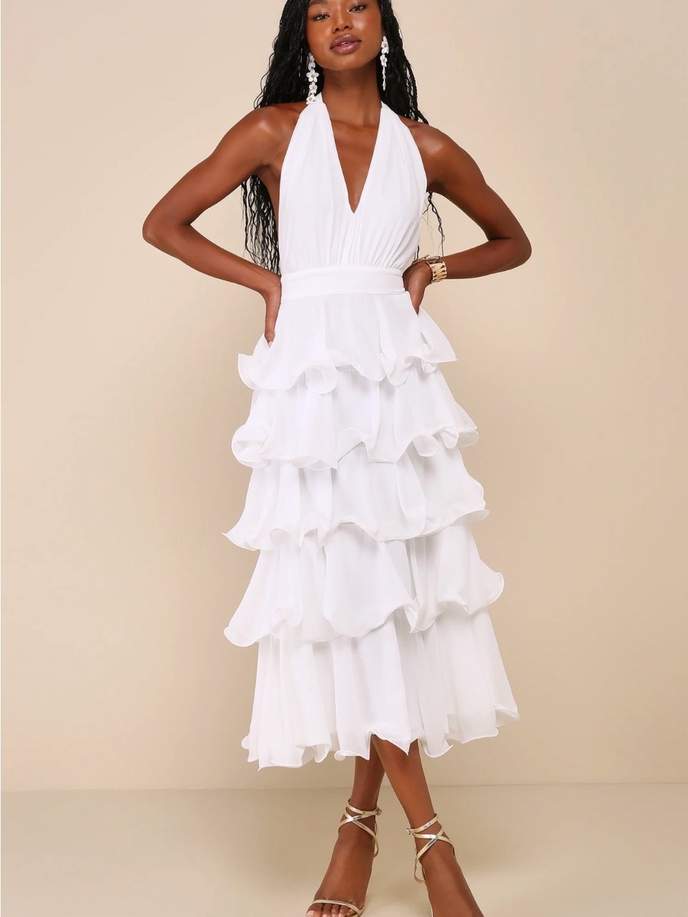 Lulu's White Halter Tiered Ruffle Midi Dress